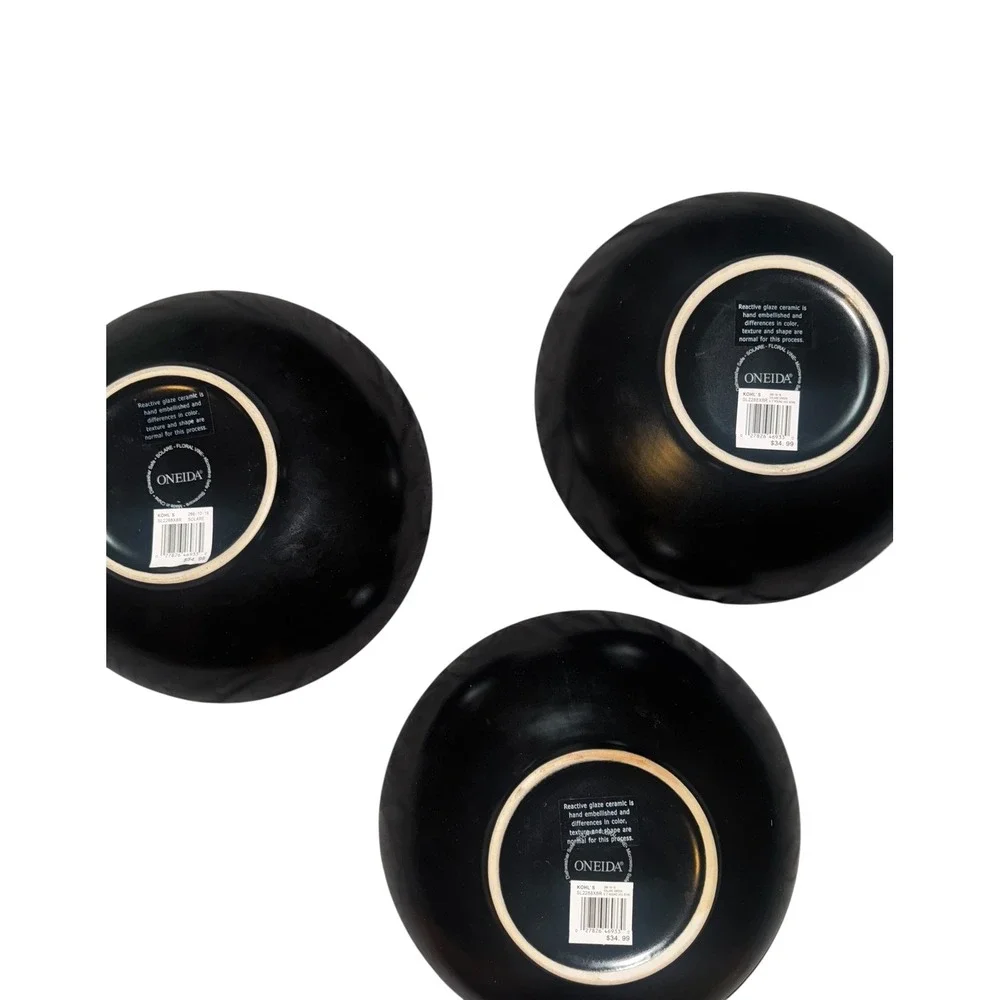 Oneida‎ Reactive Glaze Ceramic Bowls Green Black Vine Pattern Set of 3